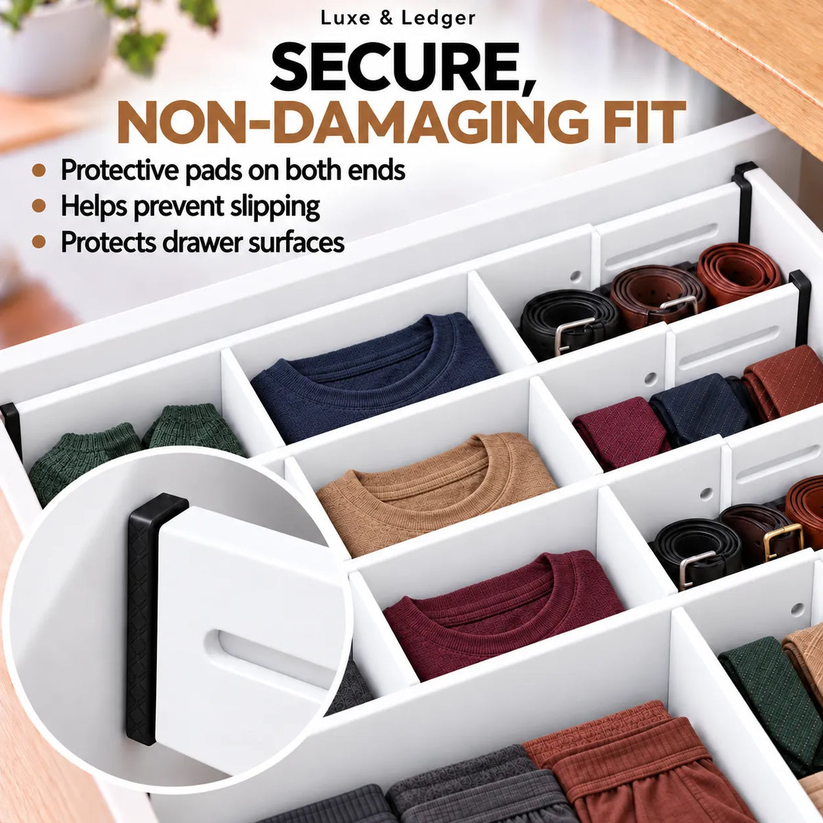 White drawer organizer dividers with black slide clips holding folded clothing and belts, with marketing text at the top and a circular inset showing the clip detail.