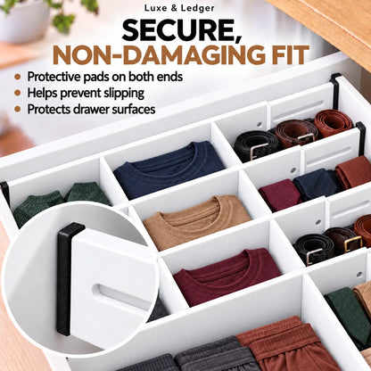 White drawer organizer dividers with black slide clips holding folded clothing and belts, with marketing text at the top and a circular inset showing the clip detail.