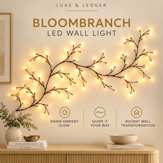 Bloombranch LED wall light with warm glowing branch-shaped bulbs mounted on a beige wall above a wooden console table. Text at the top reads 'LUXE & LEDGER' and 'BLOOMBRANCH LED WALL LIGHT,' with feature icons below.