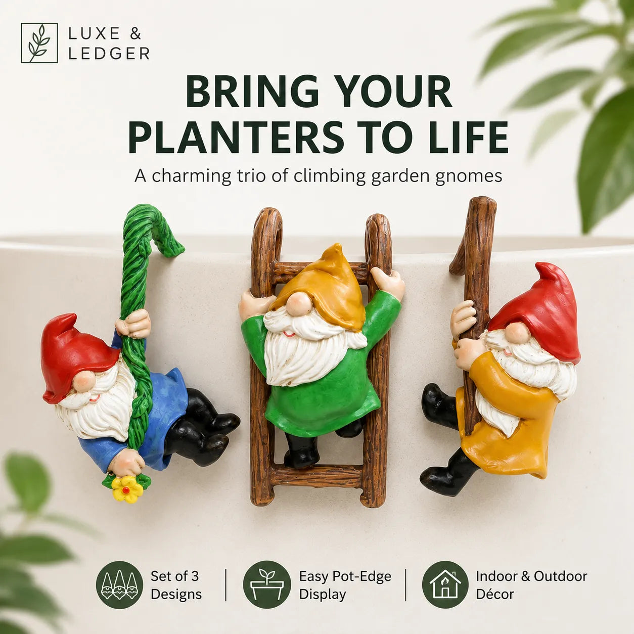 Three garden gnome planters displayed on a white wall, each shaped like a gnome climbing or holding a wooden ladder. The set includes a red-hatted gnome with a green rope, a green-clothed gnome on a ladder, and a yellow-orange gnome with a red hat climbing another ladder.