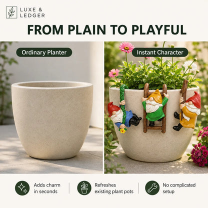 Promotional comparison graphic for a beige planter pot. Left side shows the plain pot labeled 'Ordinary Planter'; right side shows the same pot filled with greenery and decorated with gnome figures and ladders, labeled 'Instant Character'.