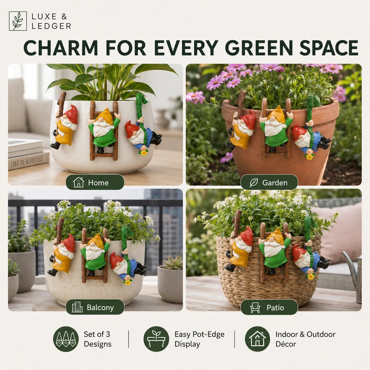A promotional collage for small gnome garden charms climbing on pot handles. The image shows four lifestyle scenes labeled Home, Garden, Balcony, and Patio, each with a planter and the charms attached.
