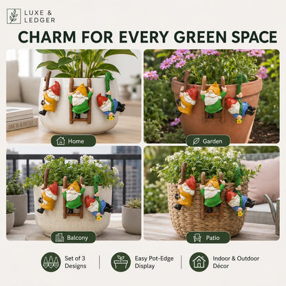 A promotional collage for small gnome garden charms climbing on pot handles. The image shows four lifestyle scenes labeled Home, Garden, Balcony, and Patio, each with a planter and the charms attached.