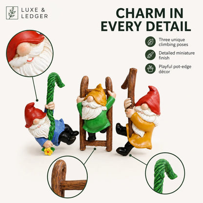 Three small gnome figurines posed on wooden climbing ladders, shown on a light beige background with marketing text and circular detail callouts. The product appears to be decorative garden gnome statues in three colorways: red hat/green beard, red hat/yellow coat, and red hat/blue coat, each with green staffs and brown ladders.