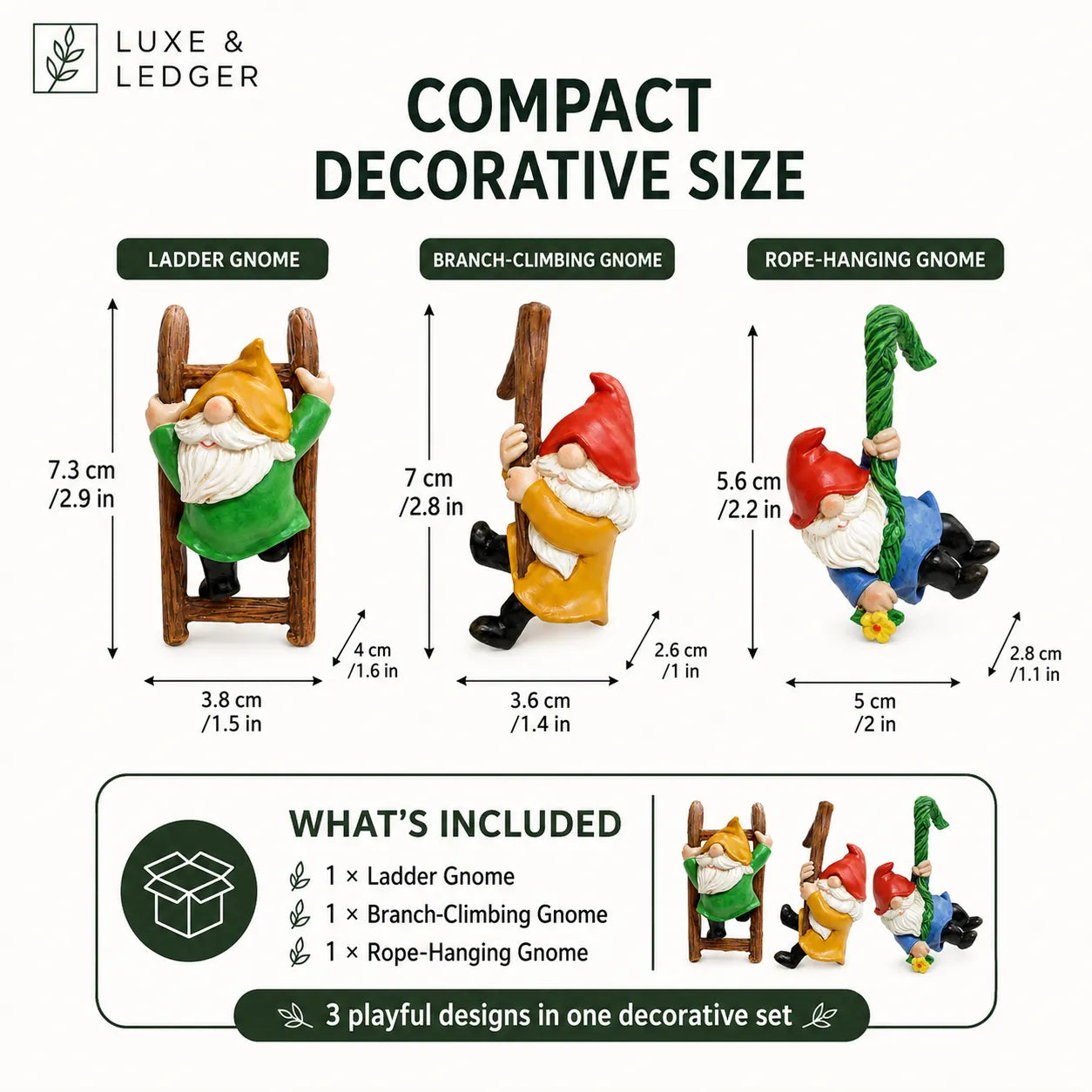 Product information graphic for a Luxe & Ledger set of three compact decorative garden gnomes: a ladder gnome, a branch-climbing gnome, and a rope-hanging gnome, with dimensions and what's included shown on a white background.