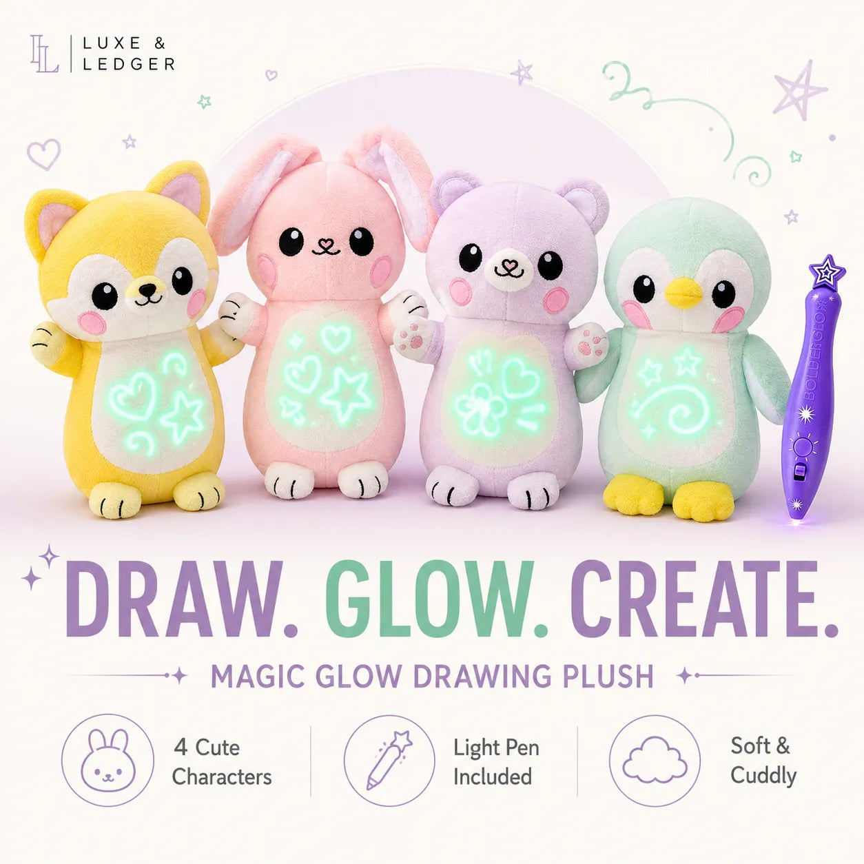 Four cute plush toys in pastel colors with glowing star and heart patterns on their bellies, shown with a purple light pen on a pale pink background. Text reads 'DRAW.