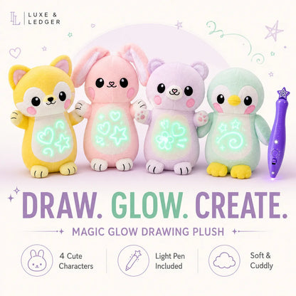 Four cute plush toys in pastel colors with glowing star and heart patterns on their bellies, shown with a purple light pen on a pale pink background. Text reads 'DRAW.