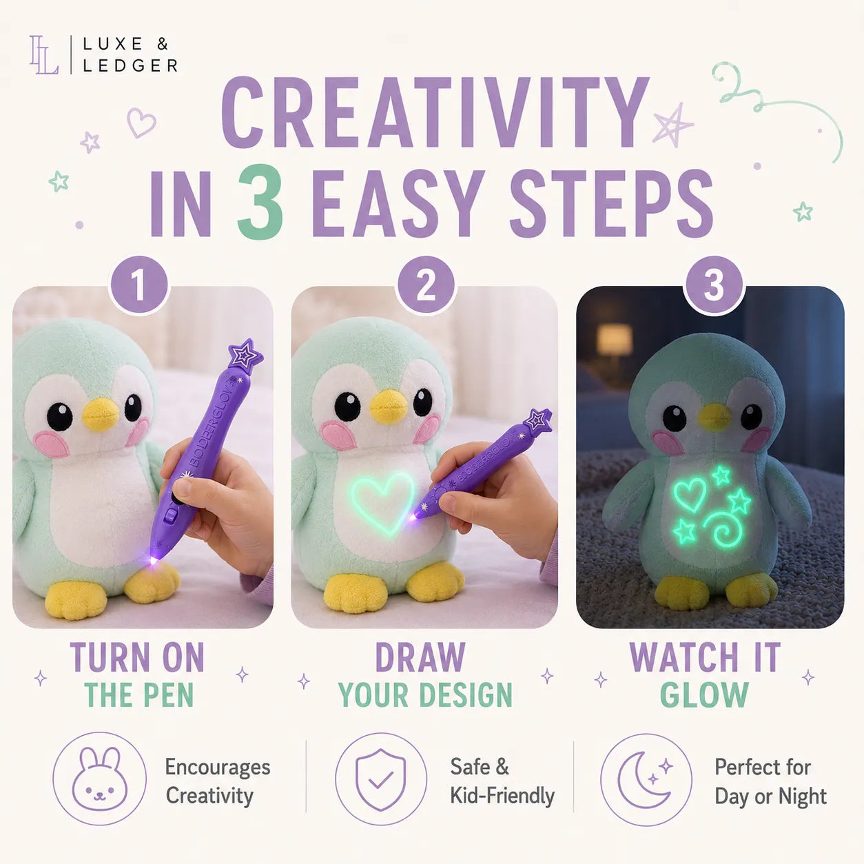 Promotional infographic for a Luxe & Ledger light-up plush penguin toy, showing three steps: turning on the purple drawing pen, drawing a design, and watching it glow in the dark.