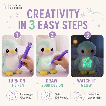 Promotional infographic for a Luxe & Ledger light-up plush penguin toy, showing three steps: turning on the purple drawing pen, drawing a design, and watching it glow in the dark.