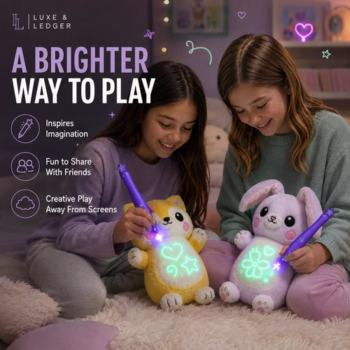 Two children sitting on a fluffy rug in a cozy room, each holding a purple wand that illuminates a plush toy. One toy is yellow and shaped like a cat, and the other is light purple and shaped like a bunny, both glowing with colorful heart and flower patterns.