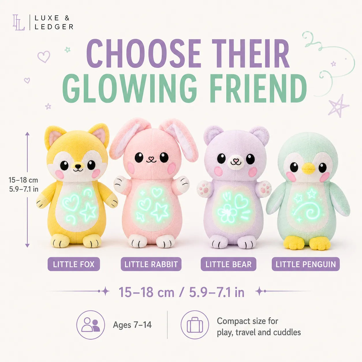Four cute glowing plush toys shown on a light background with text labels: a yellow fox, pink rabbit, lavender bear, and mint penguin, each with a luminous heart or star design on the belly. The image includes the brand name Luxe & Ledger and size/age information.