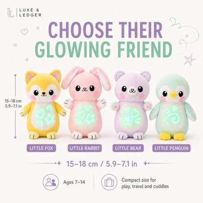 Four cute glowing plush toys shown on a light background with text labels: a yellow fox, pink rabbit, lavender bear, and mint penguin, each with a luminous heart or star design on the belly. The image includes the brand name Luxe & Ledger and size/age information.