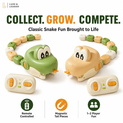 Two magnetic toy snakes for kids, one green and one beige, with matching remote controls, shown on a white background with promotional text and feature icons.