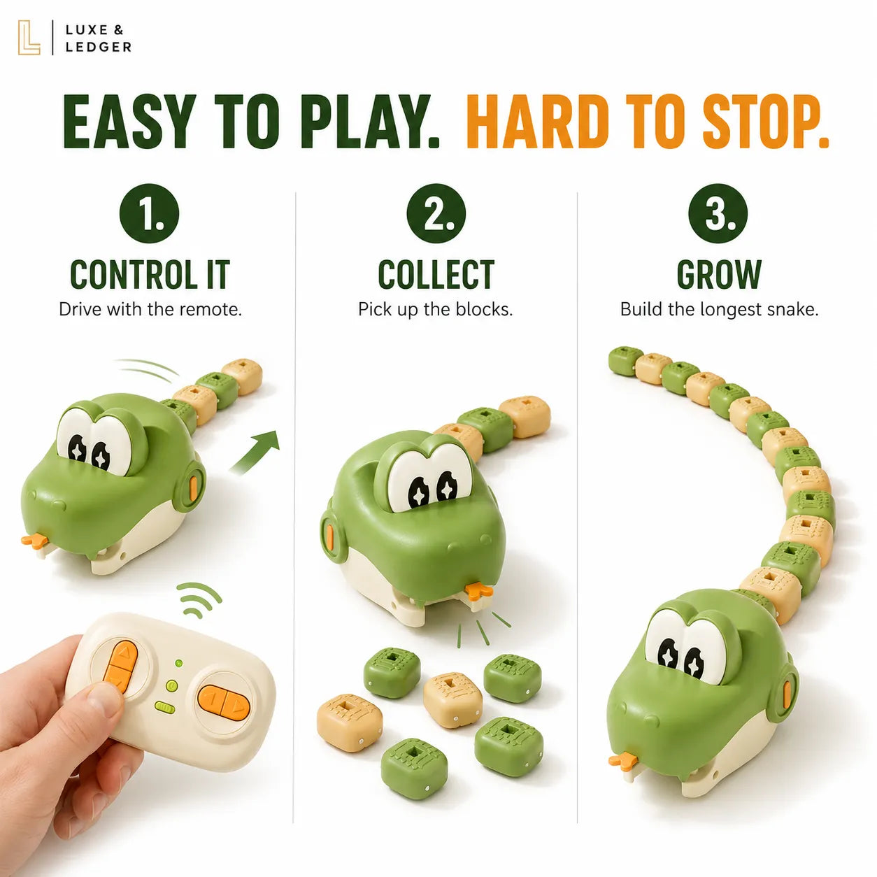 Instructional graphic showing how to play a remote-controlled snake toy with wooden blocks. Step 1 shows a hand holding a remote control, step 2 shows the green snake collecting green and beige blocks, and step 3 shows the snake growing longer.
