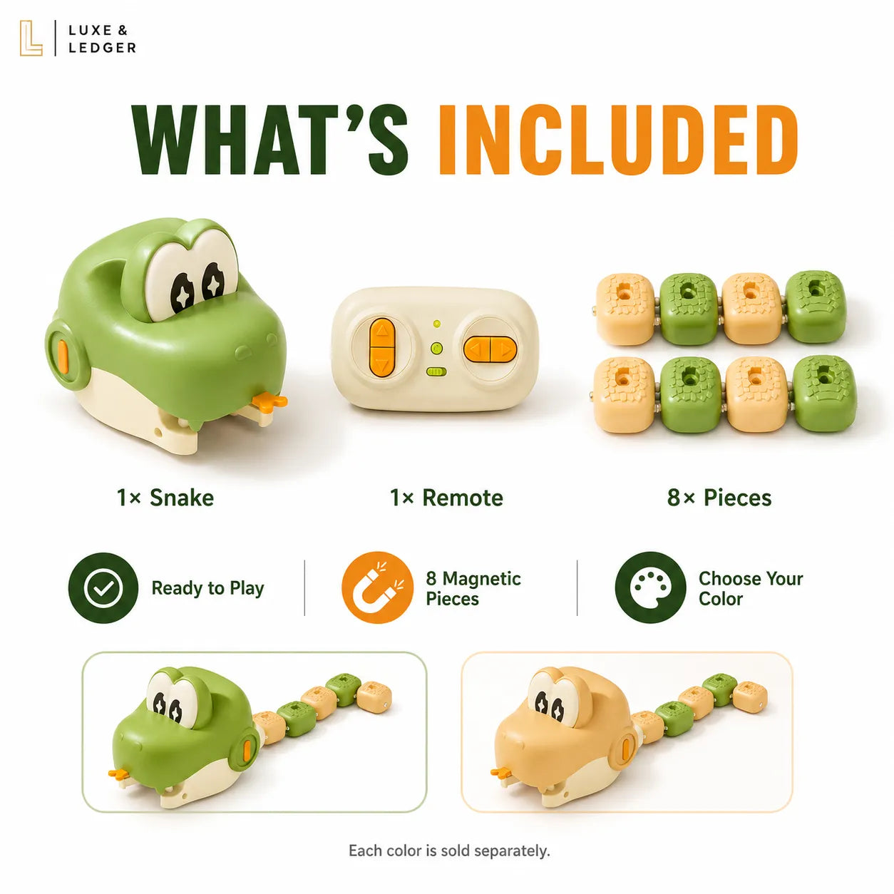 Product information graphic for the Luxe & Ledger Snake toy, showing included items: one green and beige snake, one remote control, and eight magnetic pieces. The graphic includes icons and text stating 'Ready to Play', '8 Magnetic Pieces', and 'Choose Your Color', with a note that each color is sold separately.