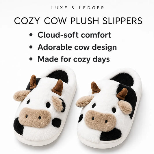 A pair of plush cow-themed slipper slippers on a white background with promotional text reading 'COZY COW PLUSH SLIPPERS' and bullet points about comfort, adorable cow design, and cozy days. Brand text 'LUXE & LEDGER' appears at the top.
