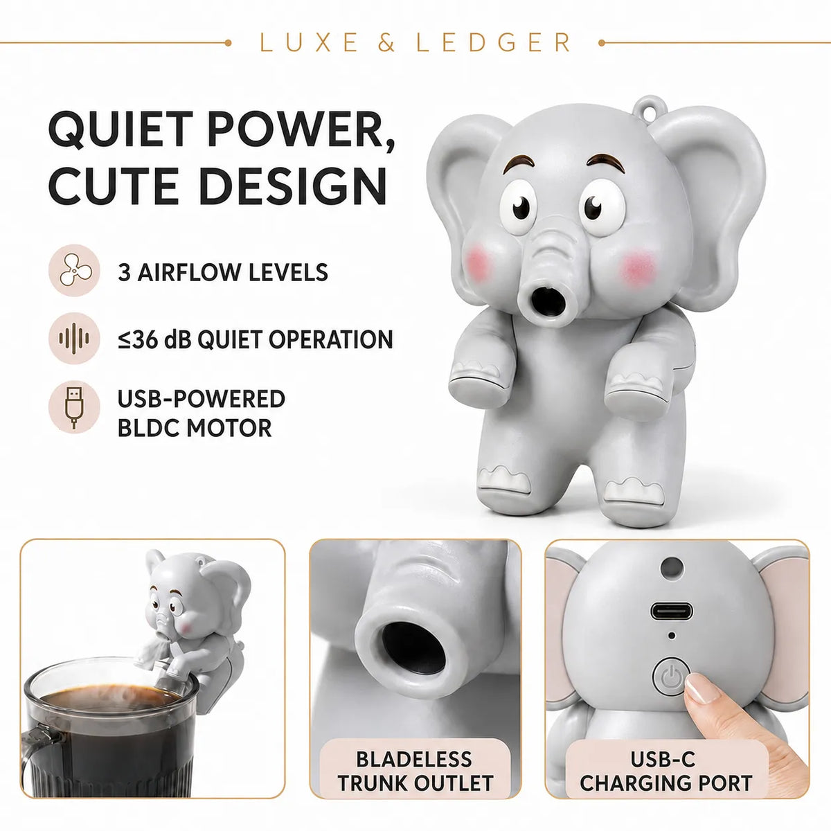 A cute gray elephant-shaped USB air freshener diffuser on a white background, with text highlighting its quiet operation and three inset detail photos showing airflow levels, the trunk outlet, and the USB-C charging port.