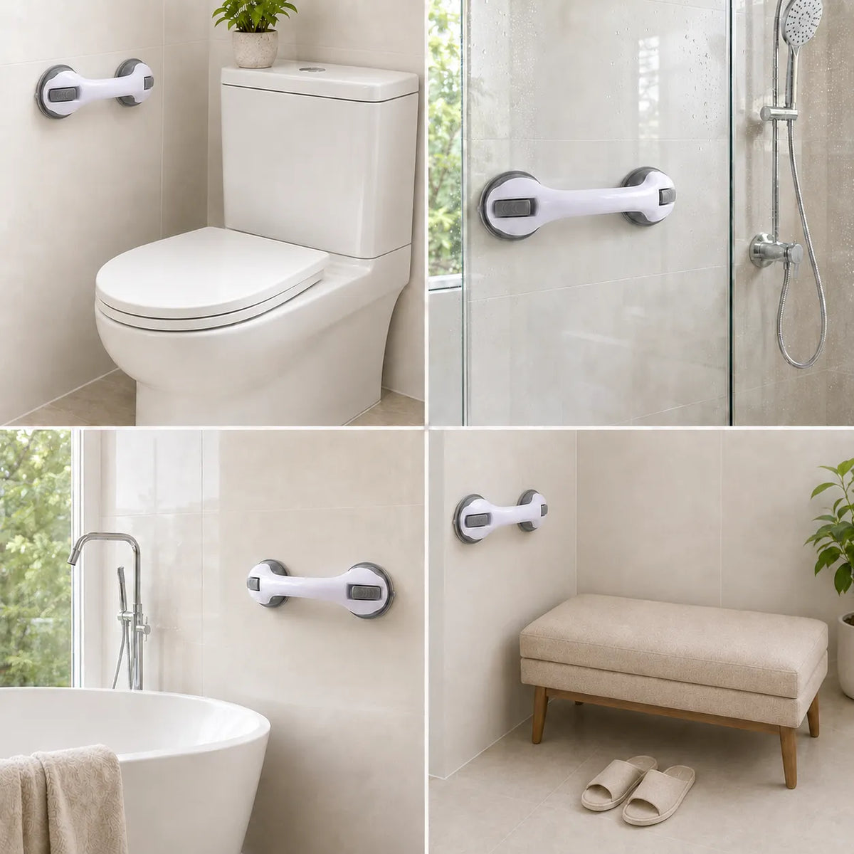 A four-panel collage showing a white wall-mounted grab handle installed in different bathroom settings: next to a toilet, a glass shower door, beside a bathtub, and above a bench with slippers.
