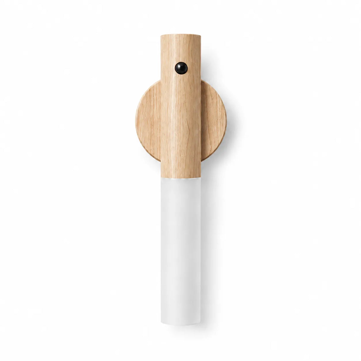 A modern wall-mounted light fixture with a natural wood upper section, a frosted white cylindrical lower shade, and a round wooden backplate on a clean white background.