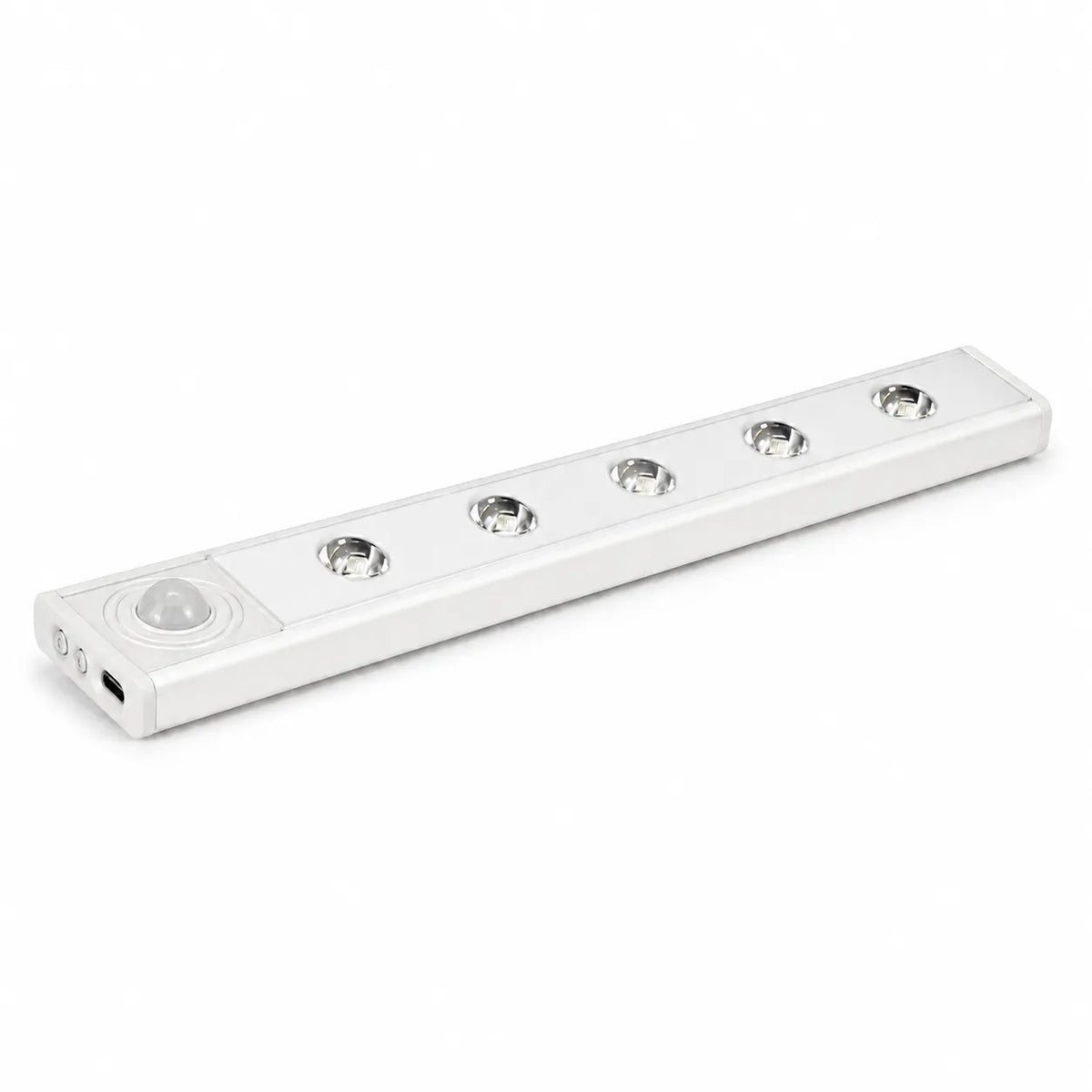 A white rectangular LED strip light with five silver circular light housings and a small sensor module on one end, shown on a clean white background.
