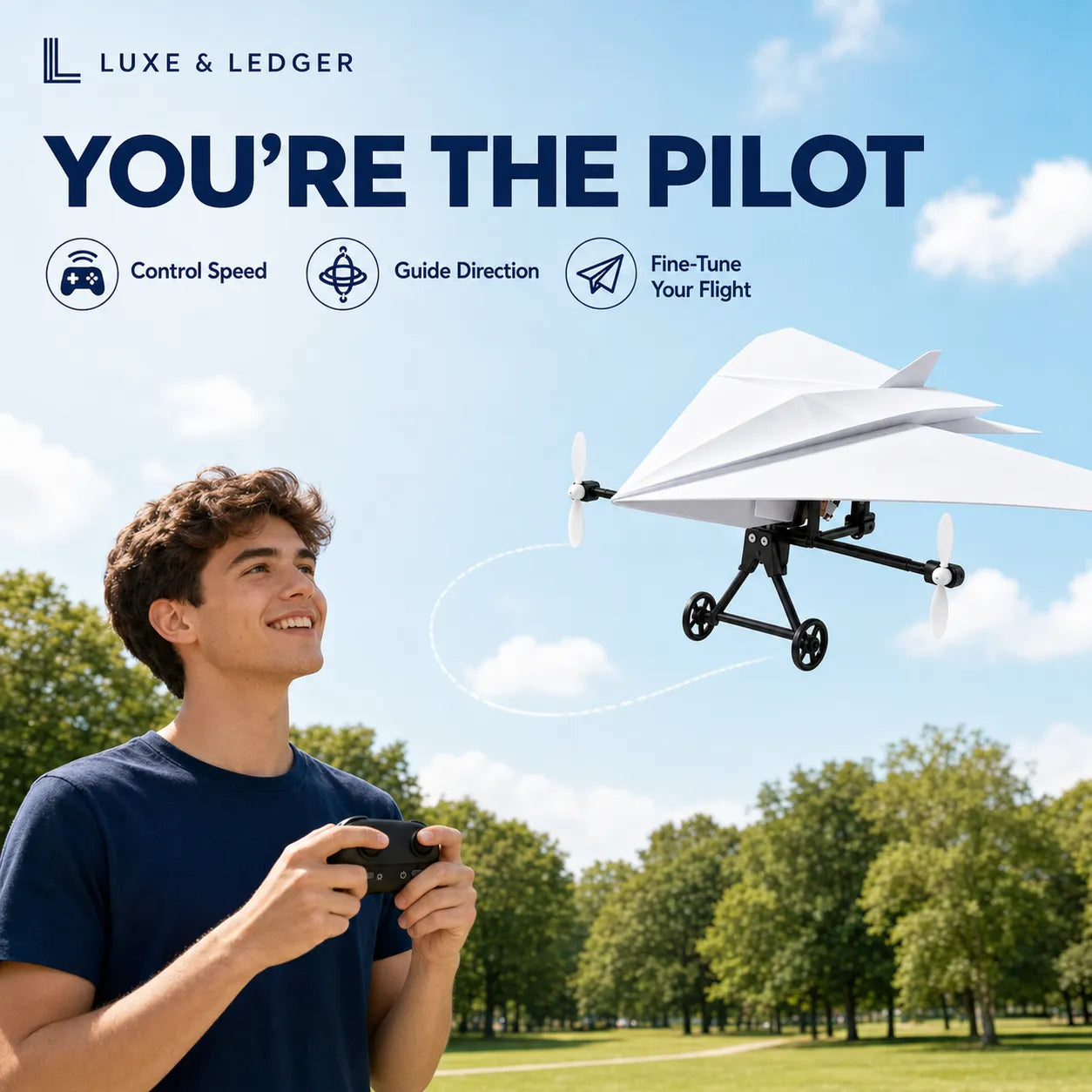A man in a navy blue t-shirt holds a black remote control in a park, looking up at a white paper airplane drone flying in the sky. The top of the image features the Luxe & Ledger logo and text highlighting key flight control features.