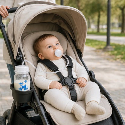 A baby in a cream ribbed onesie sits in a beige stroller outdoors on a paved path, with a milk bottle in the stroller cup holder.