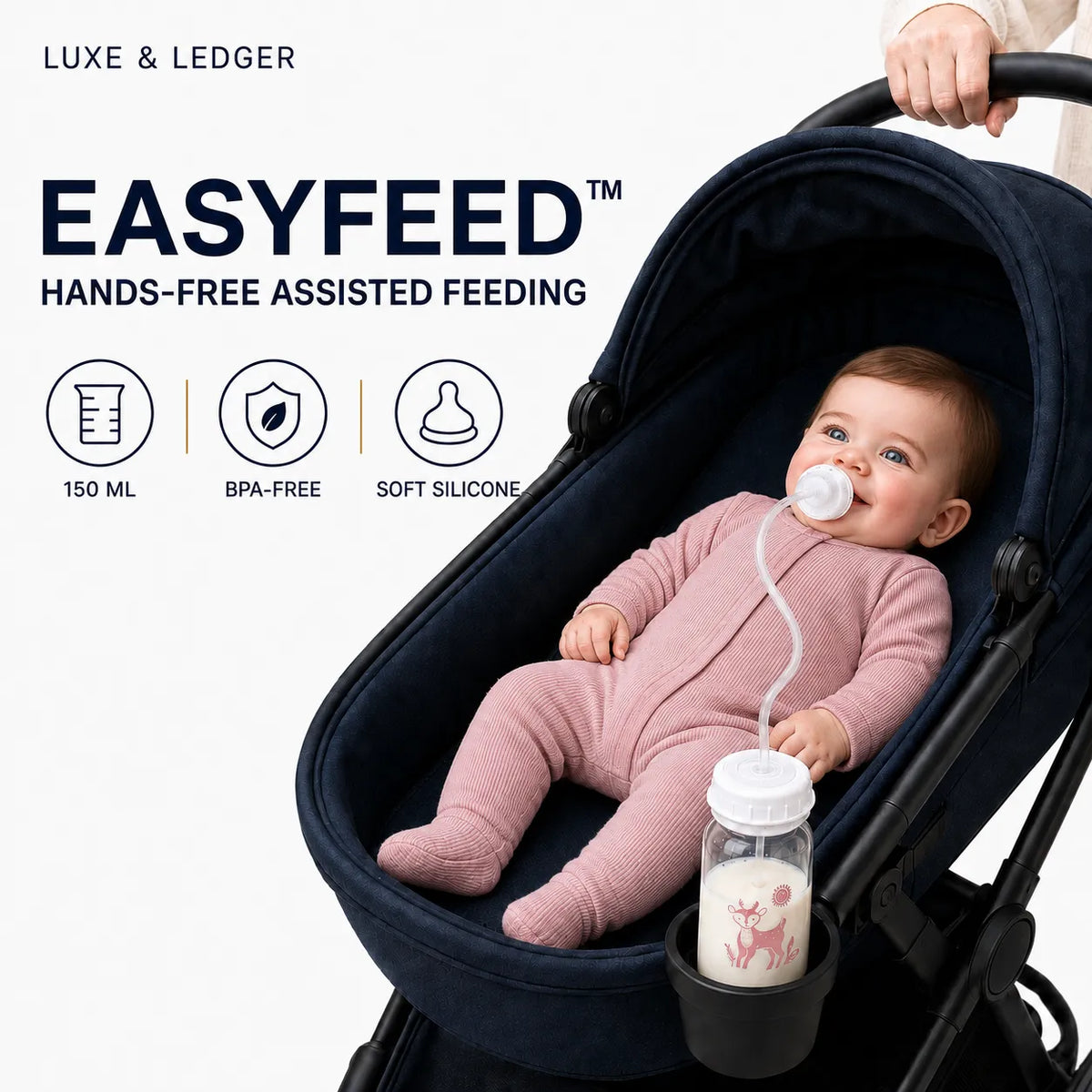 A baby in a pink footed onesie sits in a dark navy stroller, using a hands-free assisted feeding system with a straw connected to a milk bottle in the stroller cup. Large marketing text on the left reads 'EASYFEED HANDS-FREE ASSISTED FEEDING' with feature icons.