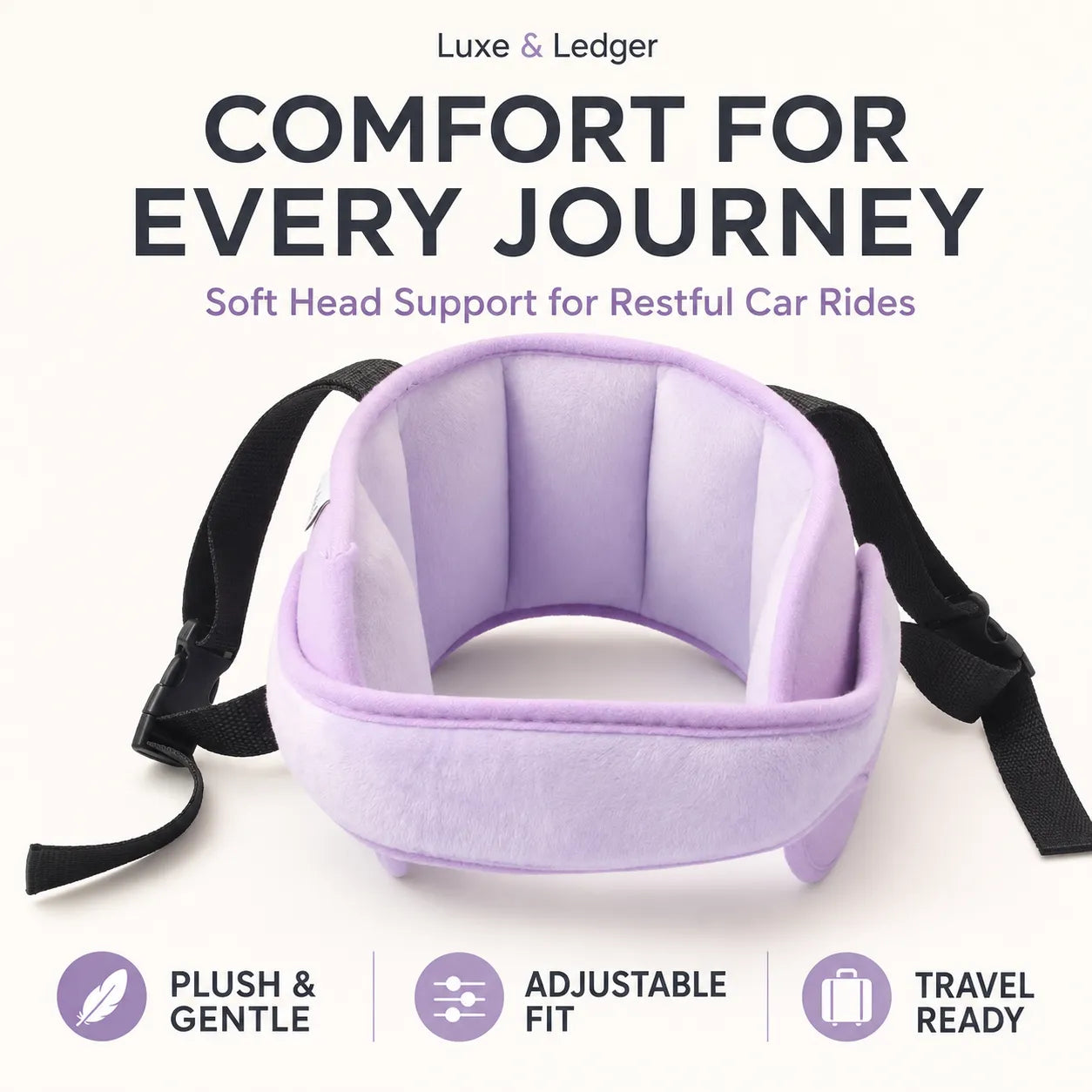 A lavender purple car headrest support pillow with black adjustable straps, shown against a light cream background with promotional text and feature icons.