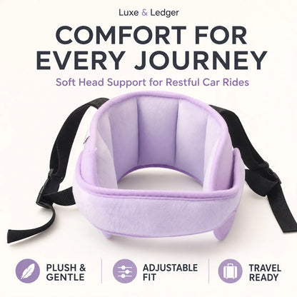 A lavender purple car headrest support pillow with black adjustable straps, shown against a light cream background with promotional text and feature icons.