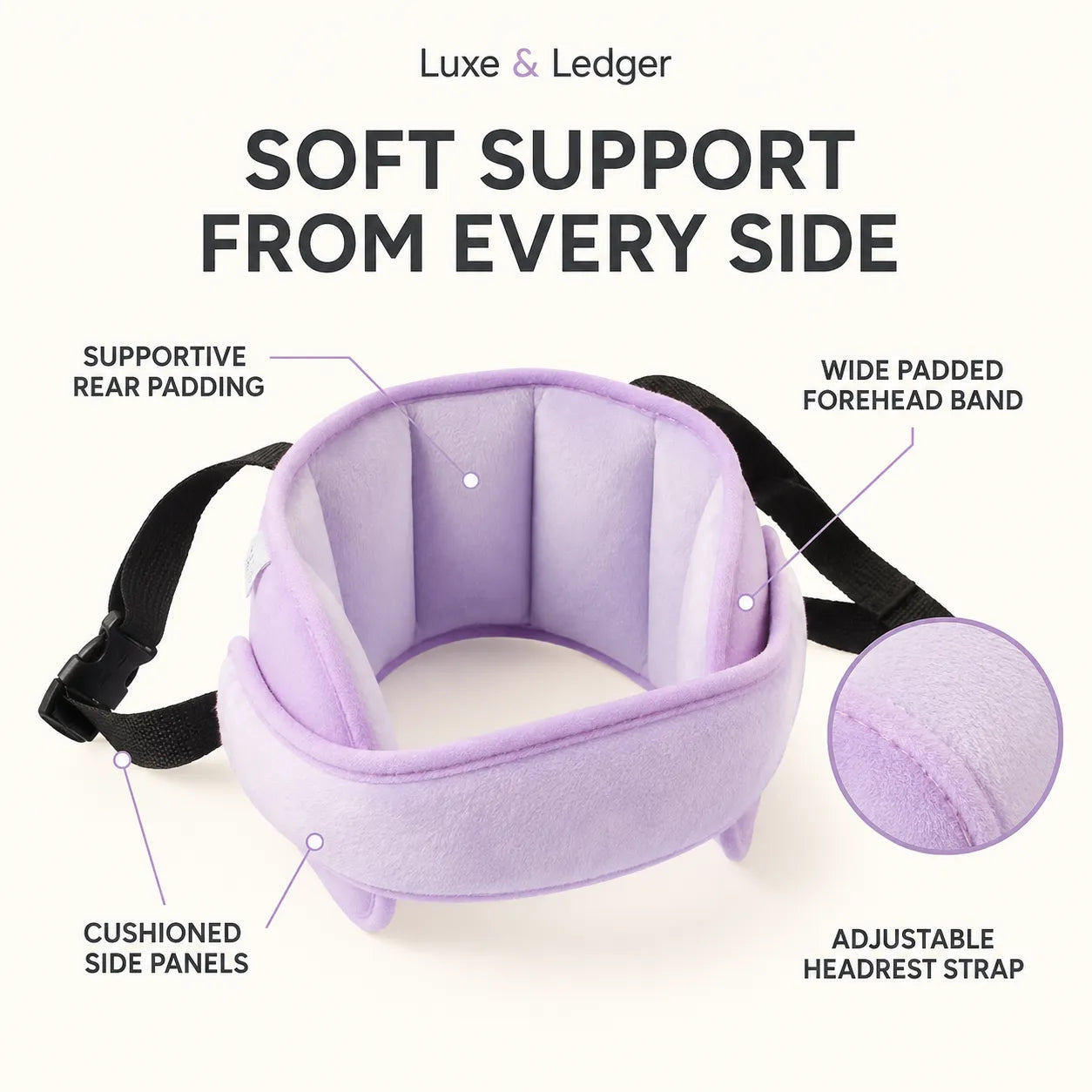 A lavender neck support headrest band with black adjustable straps, shown on a light cream background with text callouts highlighting padded features and a circular fabric close-up inset. Brand text 'Luxe & Ledger' appears at the top.