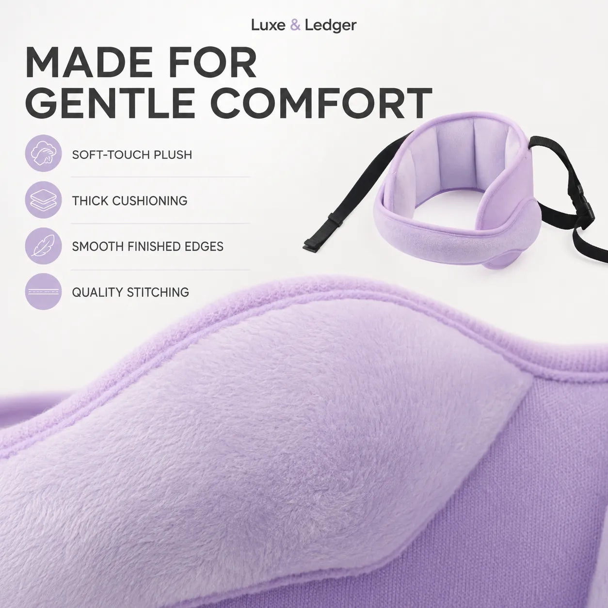 Luxe & Ledger lavender padded support cup with black adjustable straps, shown with marketing text highlighting soft-touch plush, thick cushioning, smooth finished edges, and quality stitching.
