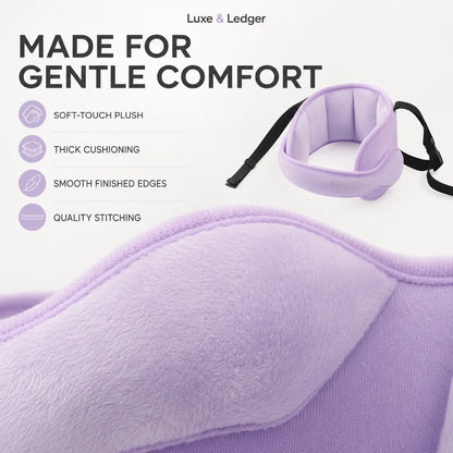 Luxe & Ledger lavender padded support cup with black adjustable straps, shown with marketing text highlighting soft-touch plush, thick cushioning, smooth finished edges, and quality stitching.