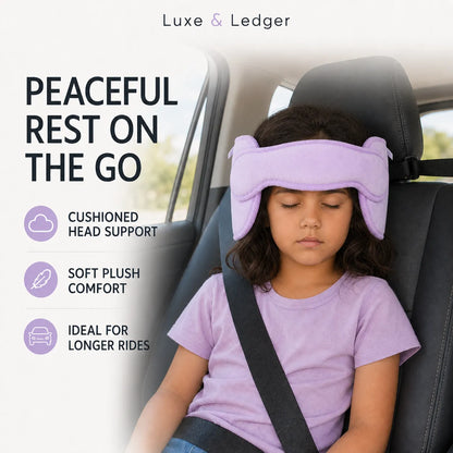 A child wearing a light purple car headrest cushion in a car seat, with text on the left reading 'PEACEFUL REST ON THE GO' and 'Luxe & Ledger'.