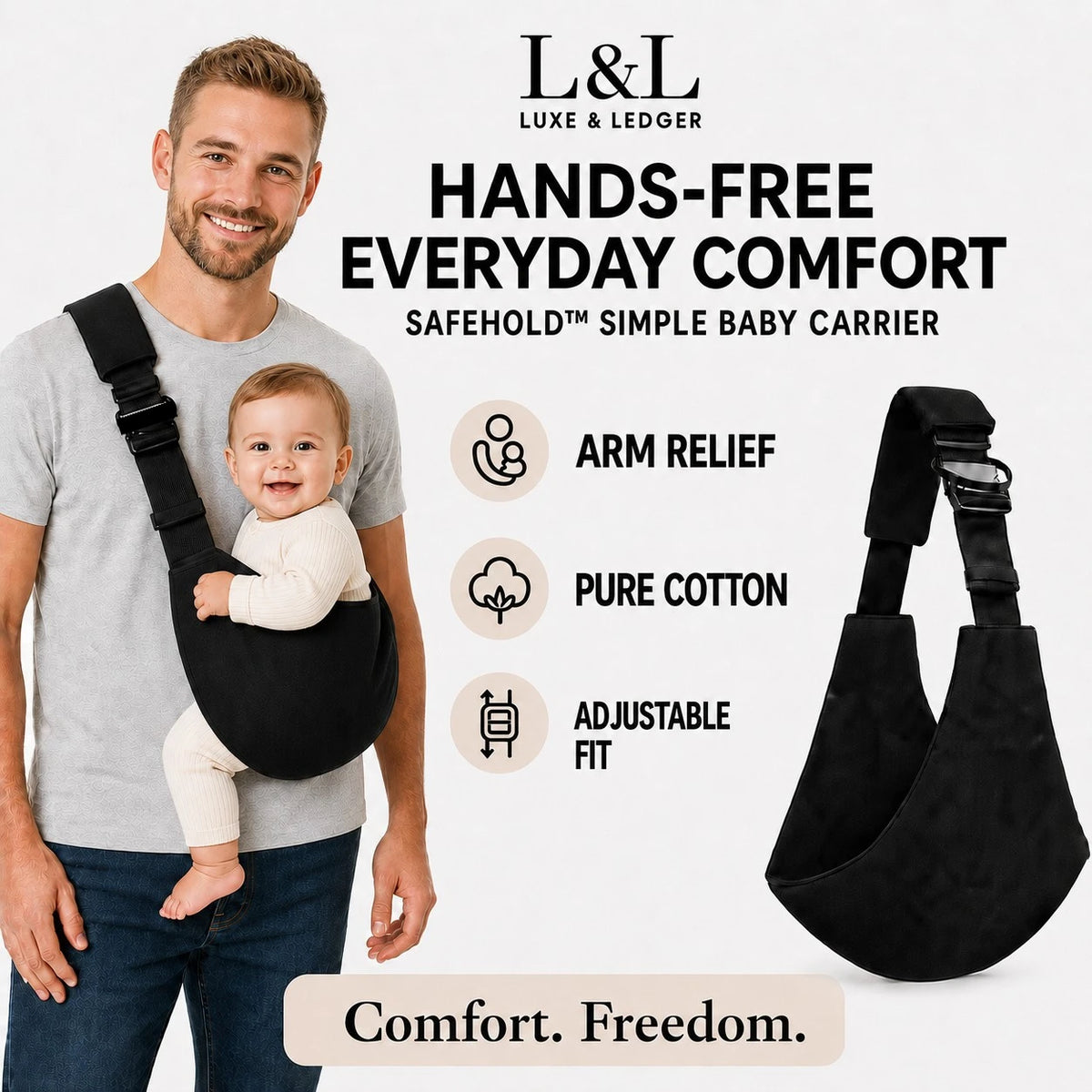 A man wearing a black L&L Luxe & Ledger hands-free baby carrier with a baby inside, shown next to a standalone view of the black sling carrier on a light gray background with product feature callouts.