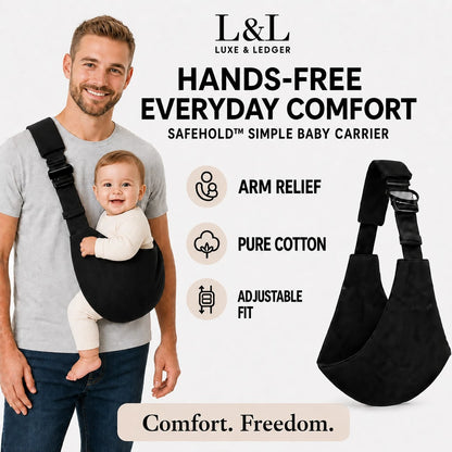 A man wearing a black L&L Luxe & Ledger hands-free baby carrier with a baby inside, shown next to a standalone view of the black sling carrier on a light gray background with product feature callouts.