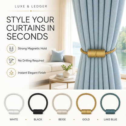 A promotional graphic for curtain tiebacks showing a light blue curtain tied back in a living room setting with a gold rope-and-cylinder tieback. Text on the left reads 'LUXE & LEDGER' and 'STYLE YOUR CURTAINS IN SECONDS' with feature icons.