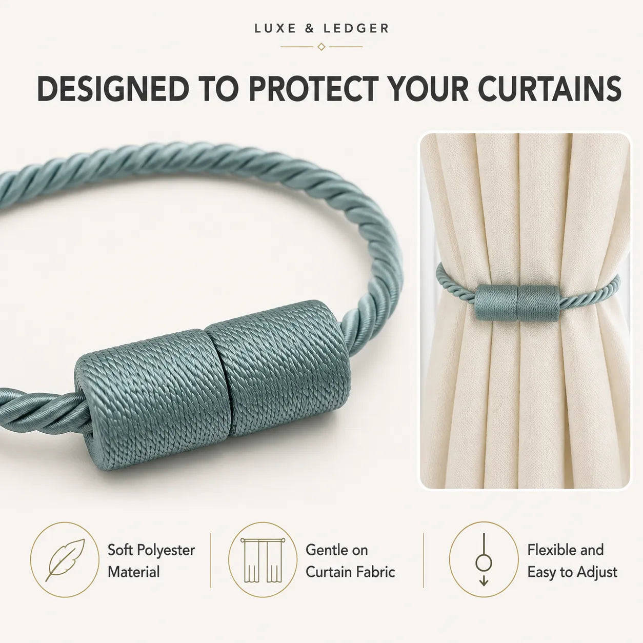 A close-up of a teal-green corduroy curtain protector with a matching loop, shown next to an inset photo of the protector in use on cream-colored curtains. The image includes text reading 'DESIGNED TO PROTECT YOUR CURTAINS' and feature icons for soft polyester material, gentle on curtain fabric, and flexible and easy to adjust.