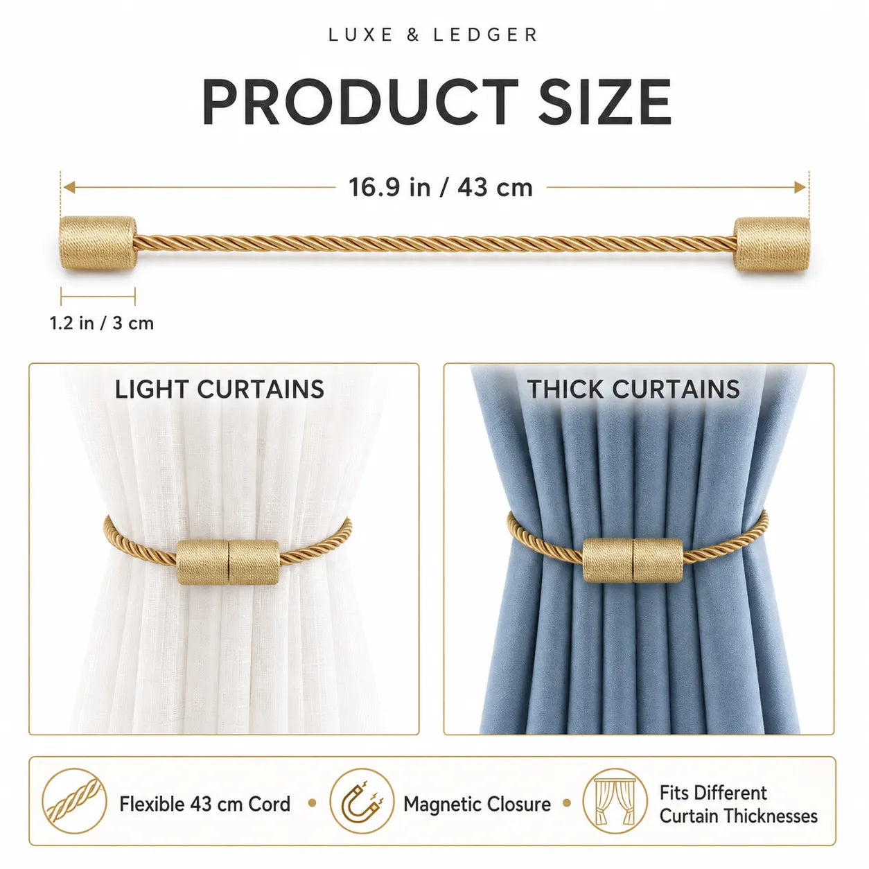 Product size and fit guide for a curtain rod set by Luxe & Ledger, showing a 16.9 in / 43 cm cord with magnetic closure and a 1.