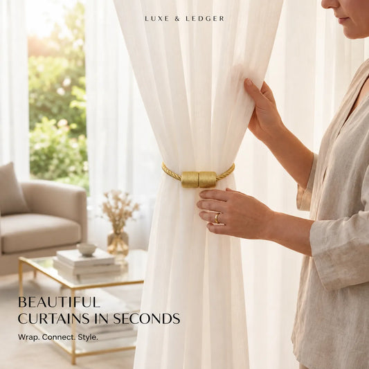 A woman in a light beige linen top holds a white curtain tied back with a gold rope-style curtain buster. The scene is set in a bright, modern living room with a sofa and glass table in the background.