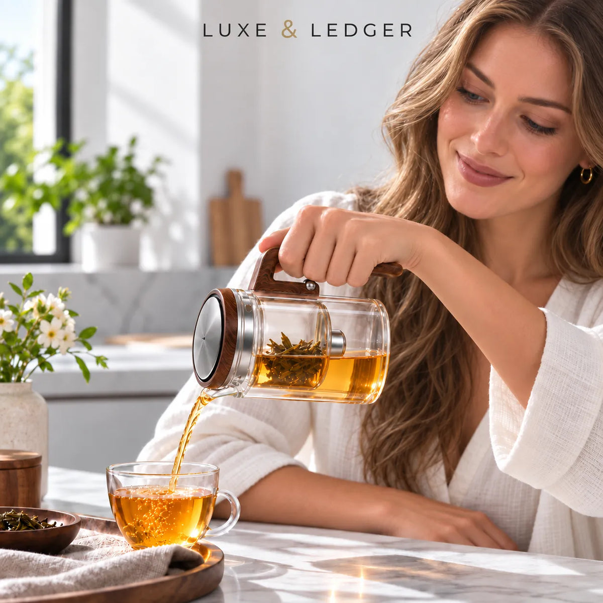 A woman in a white robe pours amber tea from a clear glass teapot with a dark wooden handle and metal lid into a glass cup on a marble countertop. The brand name 'LUXE & LEDGER' is visible at the top.