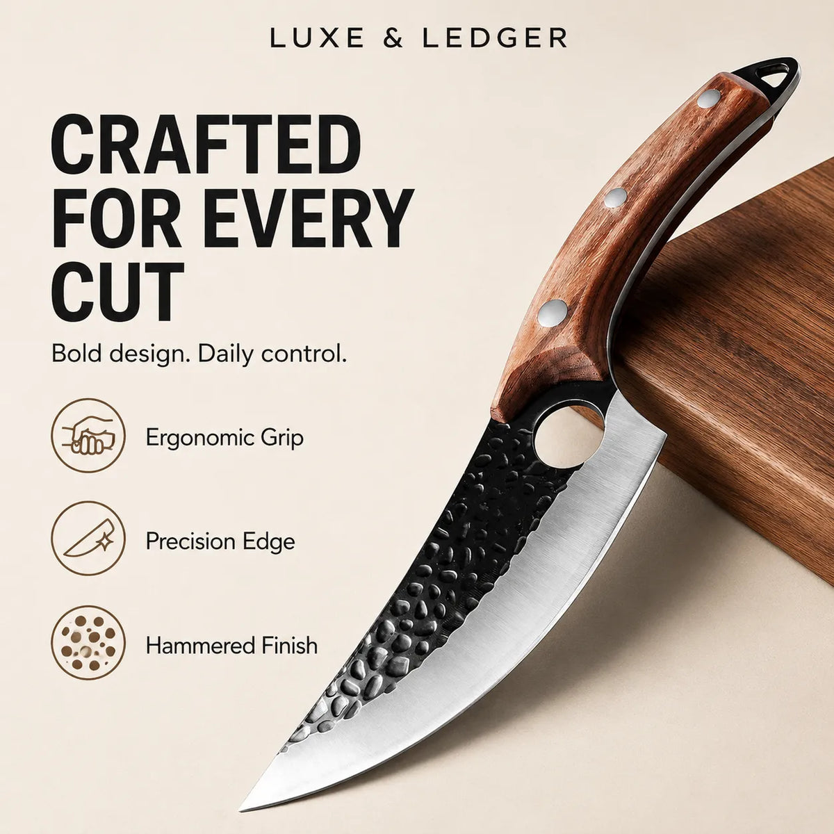 A curved kitchen knife with a hammered black finish blade and a brown wood-grain handle, shown on a beige background with promotional text and icons. The brand name 'LUXE & LEDGER' is visible at the top.