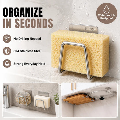 A stainless steel wall-mounted sponge holder shown with a yellow kitchen sponge attached, on a bathroom or kitchen wall. The main panel includes marketing text ('Organize in Seconds', 'No Drilling Needed', '304 Stainless Steel', 'Strong Everyday Hold') and a 'Waterproof & Rustproof' badge.