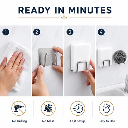 Instructional graphic showing how to use a wall-mounted soap dish holder in four steps: cleaning the backing with a towel, attaching the metal hook, placing a white dish holder behind it, and adding a gray sponge. Text at the top reads 'READY IN MINUTES' with feature icons below: no drilling, no mess, fast setup, and easy to use.