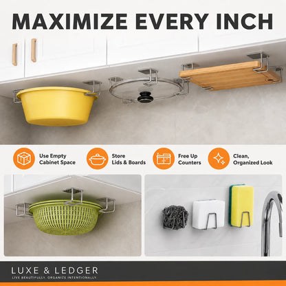 A promotional graphic for wall-mounted kitchen organizer brackets by Luxe & Ledger, showing metal hooks attached to white cabinets and holding a yellow bowl, a glass lid, a wooden cutting board, a green colander, sponge holders, and other kitchen items. Large text at the top reads 'MAXIMIZE EVERY INCH,' with feature icons below and the Luxe & Ledger brand name at the bottom.
