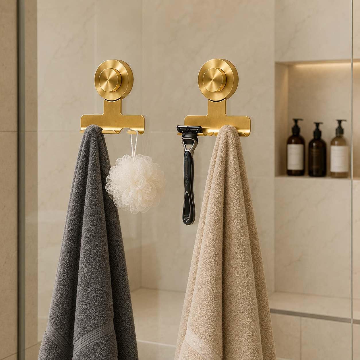 Two gold wall-mounted towel bars hanging in a bathroom, one holding a dark gray towel and a white loofah, and the other holding a beige towel and a black razor. A built-in shelf with toiletries is visible in the background.