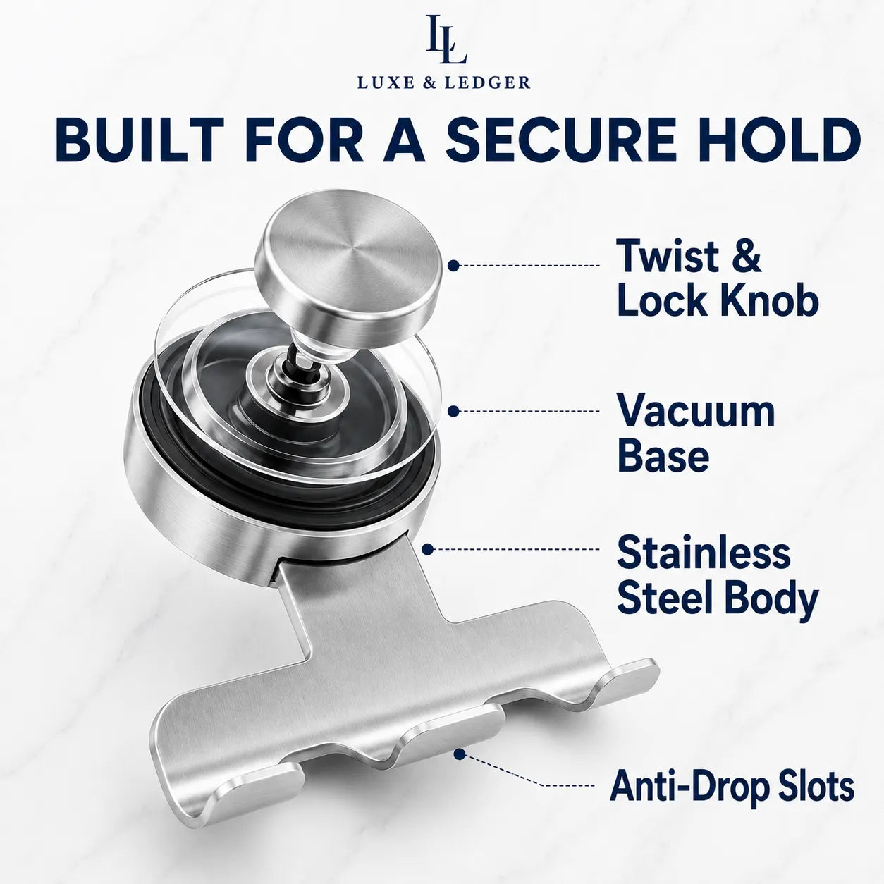 A stainless steel phone mount with callout labels reading 'Twist & Lock Knob,' 'Vacuum Base,' 'Stainless Steel Body,' and 'Anti-Drop Slots,' plus the text 'BUILT FOR A SECURE HOLD' and the Luxe & Ledger logo at the top.