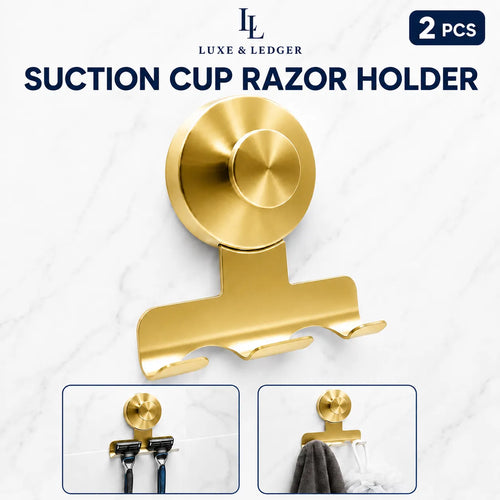Two gold suction cup razor holders shown on a white marble background, with product text reading 'SUCTION CUP RAZOR HOLDER' and '2 PCS'. Two small inset photos at the bottom demonstrate the holders mounted and holding razors and towels.
