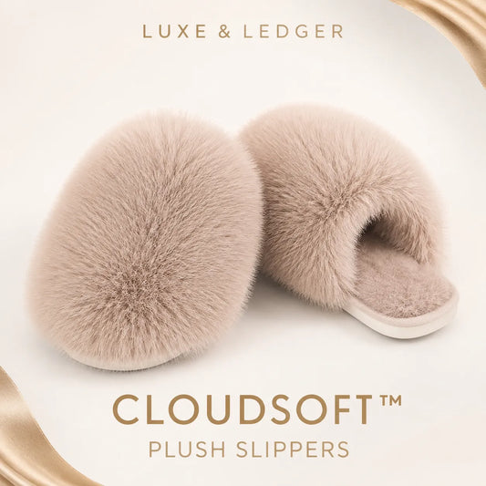 A pair of fluffy beige plush slipper slippers on a clean cream background with gold decorative accents and the text 'LUXE & LEDGER' and 'CLOUDSOFT PLUSH SLIPPERS'.