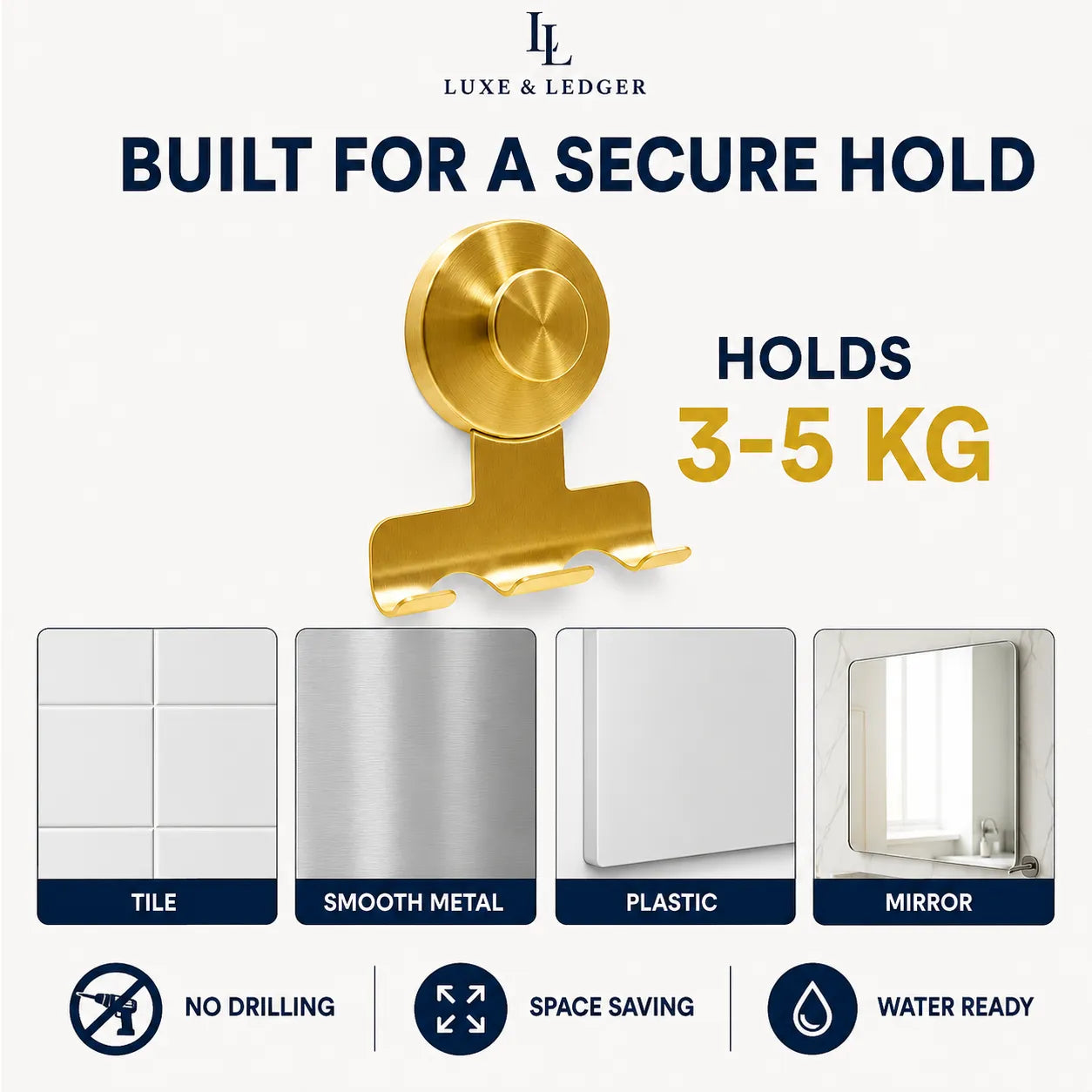 Gold wall-mounted hook with suction-style base and text reading 'BUILT FOR A SECURE HOLD', 'HOLDS 3-5 KG', plus examples on tile, smooth metal, plastic, and mirror surfaces. Brand name Luxe & Ledger appears at the top.