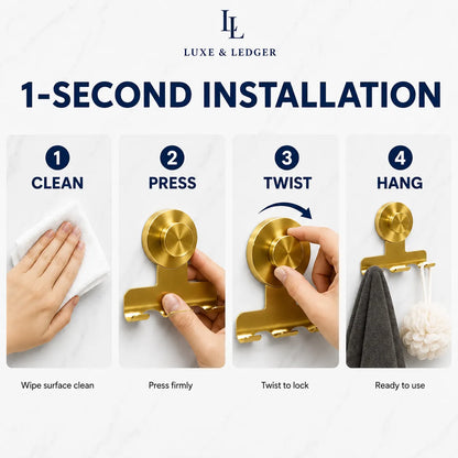 Instructional graphic for a wall-mounted hook set by Luxe & Ledger, showing four steps: clean surface, press firmly, twist to lock, and hang ready to use. The hook is metallic gold and shown being installed by a hand on a white marble-style background with large text reading '1-SECOND INSTALLATION'.